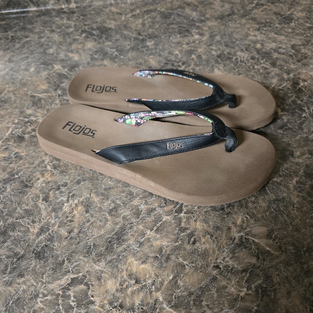 Flojos Ladies'‎ Flip Flops Black Women Sandals Sz 7 Hawaiian Fabric Lining